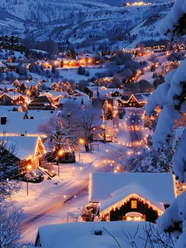 A mountain village twinkles under the evening's holiday lights, its snowy peaks creating a magical backdrop for the winter festivities.