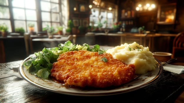 delicious homemade schnitzel on a plate, surrounded by fresh salad and a side of mashed potatoes. AI generative.