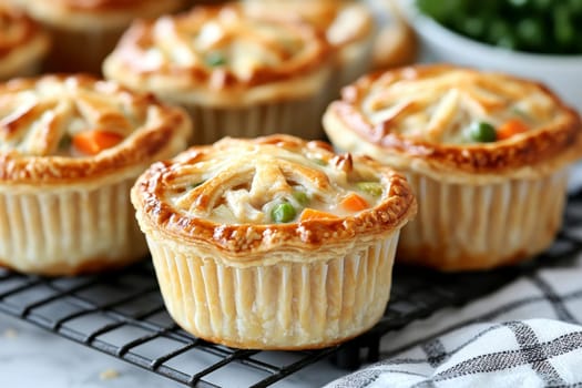 Golden mini chicken pot pie muffins with a flaky crust and creamy filling of chicken. AI generative.