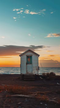 A lone beach house with warm glowing windows stands on a tranquil shore, with the serene ocean and twilight hues in the background