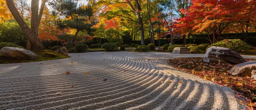 A Zen garden's tranquil setting is accentuated by the warm fall colors, inviting a moment of peace amid the raked sand and stone arrangements.