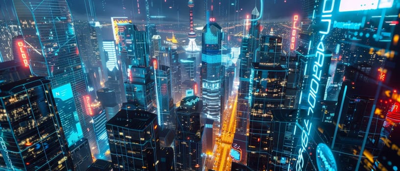 A sprawling cyberpunk cityscape comes to life at twilight, its skyline aglow with neon lights and holographic billboards, under a radiant pink sky.