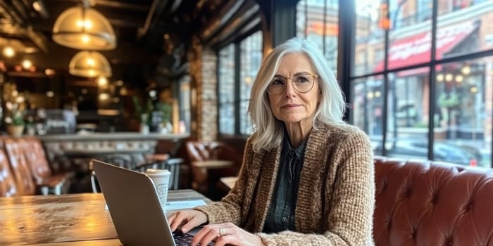 An elderly woman using a laptop computer AI generative.