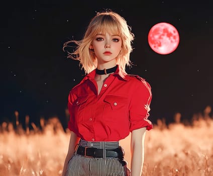 Paint oil colors eye-catching hyper-detailed realism fantastic retro-futuristic portrait of straight short cut and bangs magenta hair slight sulky young albino woman 70's glamorous clothing on background dressed, portrait of famous people Dakota Fanning, the woman is standing in the middle of a striped black and electric cobalt grass field michael sewa edward hopper style, fuchsia moon, ufo disk flying in the starry black night sky, Bo Bartlett, Tom Bagshaw --chaos 30 --ar 6:5 --style raw --stylize 300 --v 6.1 Job ID: 4dbb1a82-e4bc-46cf-9410-e42a0094bf31