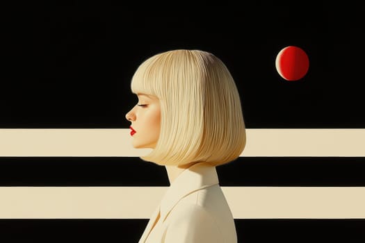 Woman with light hair dressed in 70s style , UFO visible in the background. AI generative.