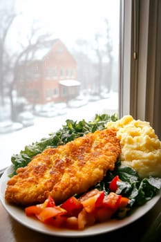 delicious homemade schnitzel on a plate, surrounded by fresh salad and a side of mashed potatoes. AI generative.
