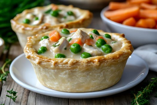 Golden mini chicken pot pie muffins with a flaky crust and creamy filling of chicken. AI generative.