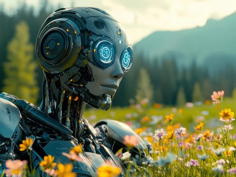 a robot, the robot lies on a green meadow with flowers. AI generative.