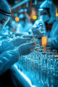 pharmaceutical production line, workers in lab coats and masks . AI generative.