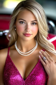 Blonde woman with pearl necklace and 1960s outfit AI generative.