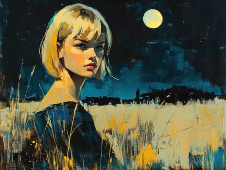 Paint oil colors eye-catching hyper-detailed realism fantastic retro-futuristic portrait of straight short cut and bangs magenta hair slight sulky young albino woman 70's glamorous clothing on background dressed, portrait of famous people Dakota Fanning, the woman is standing in the middle of a striped black and electric cobalt grass field michael sewa edward hopper style, fuchsia moon, ufo disk flying in the starry black night sky, Bo Bartlett, Tom Bagshaw --chaos 30 --ar 4:3 --style raw --stylize 300 --v 6.1 Job ID: 495d0440-a865-4ebe-b619-d3c7b6ea0c24