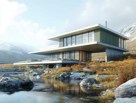 modern gabled house and landscape of the far north. AI generative.