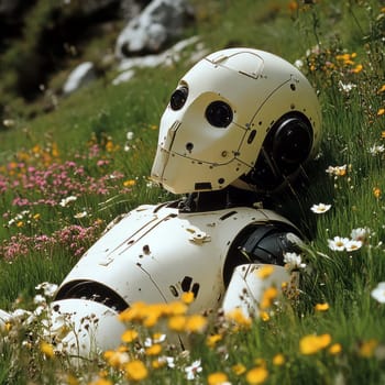 a robot, the robot lies on a green meadow with flowers. AI generative.