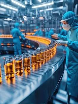 pharmaceutical production line, workers in lab coats and masks . AI generative.