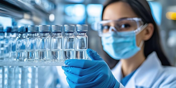 pharmaceutical production line, workers in lab coats and masks . AI generative.