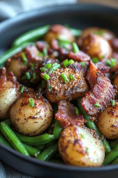 Rustic country-style dish with roasted new potatoes in a plate, tender green beans and crispy bacon bits. AI generative.