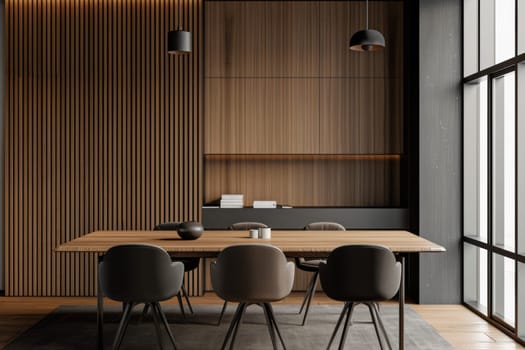 A modern office space with a wooden wall and a large table with four chairs. The chairs are black and the table is made of wood. There are books on the table and a bowl on it