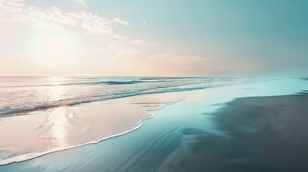 The ocean is calm and the sky is blue. The sun is setting and the water is reflecting the light