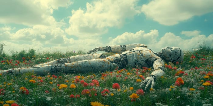 a robot, the robot lies on a green meadow with flowers. AI generative.