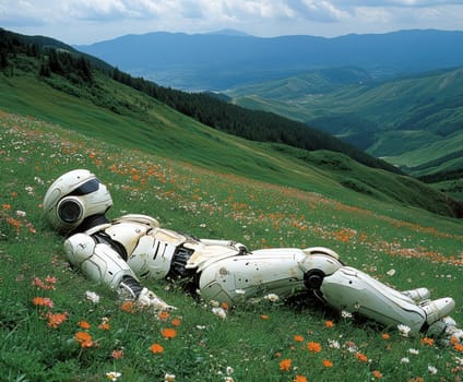 a robot, the robot lies on a green meadow with flowers. AI generative.