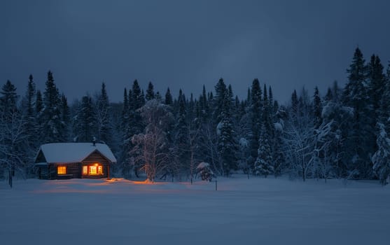 Under the early night sky, a secluded wooden cabin illuminates the pristine snow, with surrounding pine trees standing guard in the silent forest
