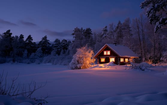 Under the early night sky, a secluded wooden cabin illuminates the pristine snow, with surrounding pine trees standing guard in the silent forest