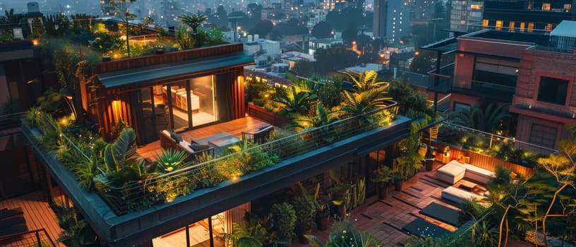 A rooftop dining experience embraces the sunset, offering panoramic views of the cityscape amid verdant plant arrangements