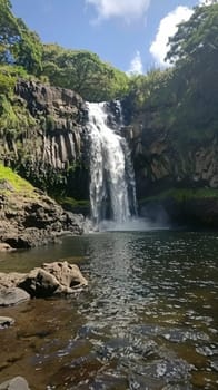 The serene beauty of a cascading waterfall in a dense jungle setting, where nature's music and lush foliage create a tranquil haven
