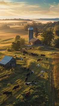 Early morning light reveals a pastoral farm scene, enveloped in mist with cows grazing in the foreground