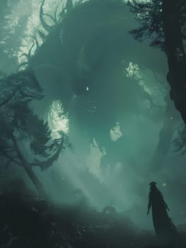 An enigmatic sorcerer looks up at a towering forest giant in a verdant, mist-shrouded landscape, a moment frozen between awe and uncertainty