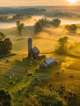 Golden light washes over a peaceful farmstead with cattle grazing and gentle hills in the background