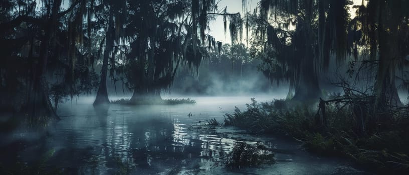 Mysterious foggy swamp with ancient trees, their branches hanging low, reflecting in the calm water under the eerie light