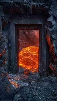 A symphony of elements at play in a metallurgical ballet, where molten metal cascades down creating a fusion of industry and art