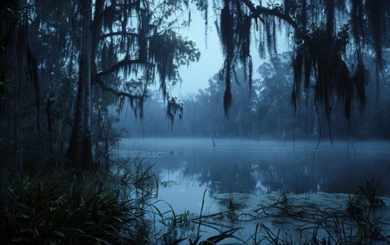 Foggy swamp landscape with cypress trees draped in Spanish moss