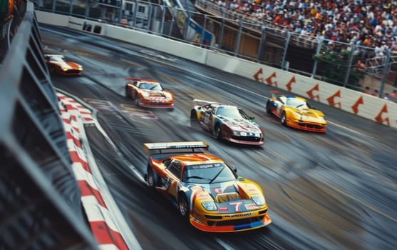 Dynamic race cars speeding on a track, cheered by a crowd in the stands, capturing the thrill of motorsport