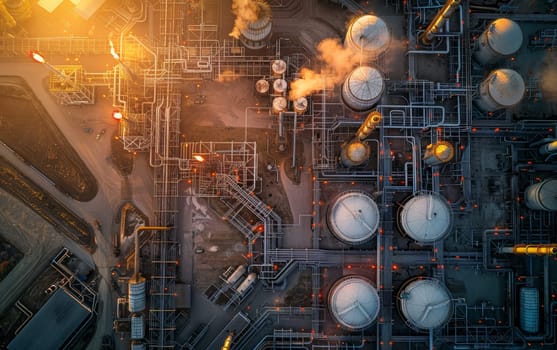 Twilight sets over an industrial landscape, casting a warm glow on the steel structures and machinery