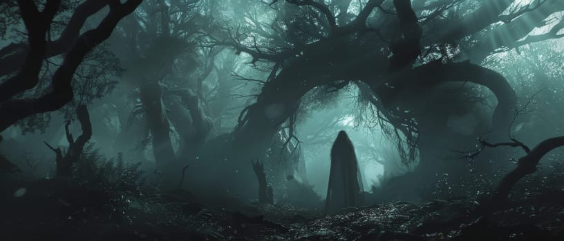 A shrouded figure emerges from the whispering woods, the fog weaving around the trees to create a haunting narrative of the unseen