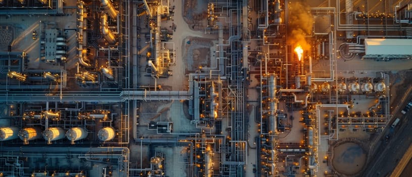Aerial view capturing the complex network of lights and structures in a sprawling industrial facility at dusk