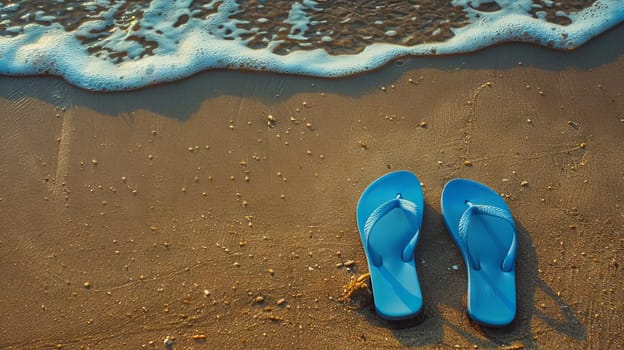 Minimalistic travel concept a pair of flip flops on a sandy shore.