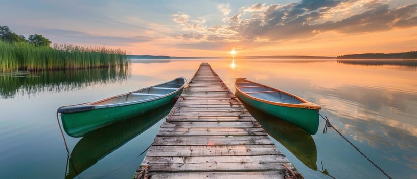 A serene sunrise reflects on a calm lake with two canoes docked on a wooden pier, inviting a peaceful morning paddle in the embrace of nature