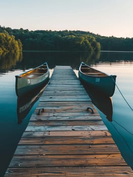 The first light of dawn illuminates a pair of canoes on a tranquil lake, mirroring the beauty of a serene morning on a wooden pier