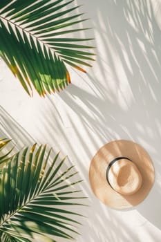 A straw hat is sitting on a white wall next to a palm tree. The hat casts a shadow on the wall, creating a sense of depth and dimension