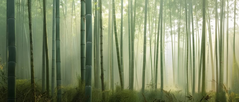 A serene bamboo grove shrouded in mist, with a subtle interplay of light and shadows, creates a mystical atmosphere in this tranquil haven