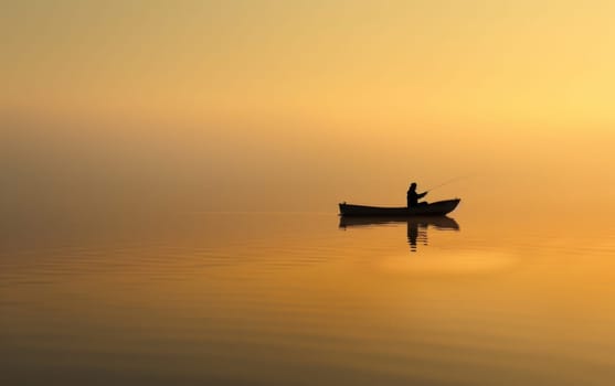 A serene scene of a person fishing from a boat during a golden sunset, casting reflections on the calm water