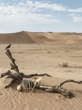 Mysterious vulture observing human skeleton in desert landscape