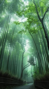 A vertical panorama of a dense bamboo forest, its towering green canopy filtering ethereal light, evokes tranquility and grandeur