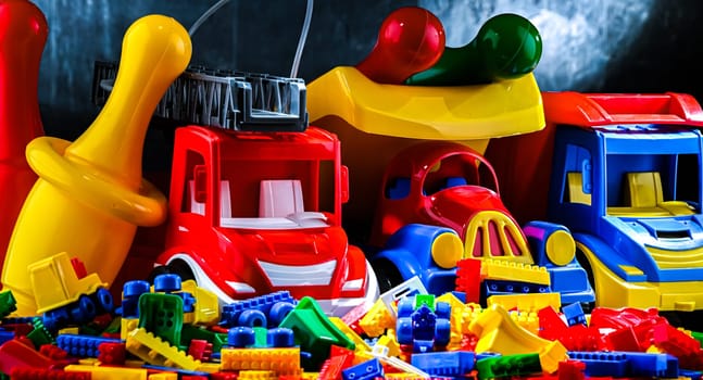 Composition with colorful plastic children toys.