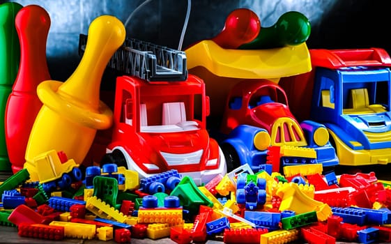 Composition with colorful plastic children toys.