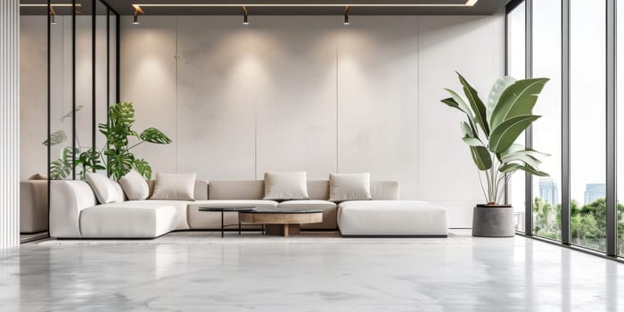 A large white couch is in the middle of a room with a potted plant and a coffee table. The room is very clean and spacious, giving off a modern and minimalist vibe