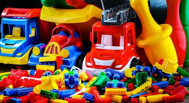 Composition with colorful plastic children toys.